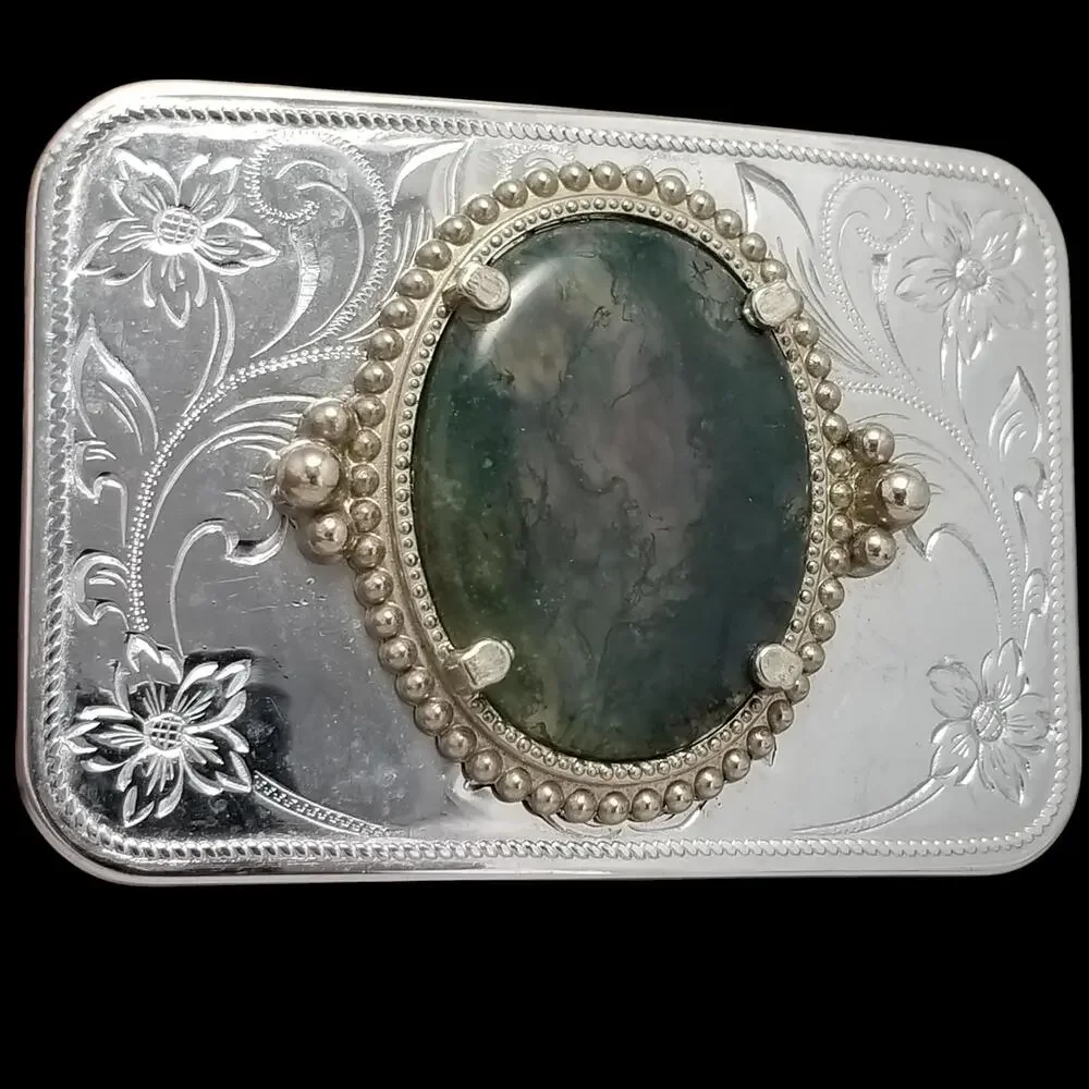 Vintage‎ Belt Buckle Cabochon Agate Western Filigree Carved Flowers Silver Color